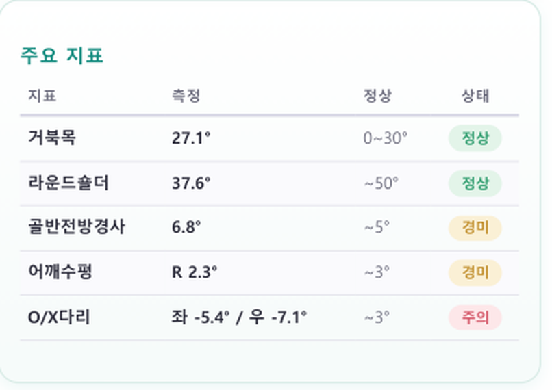 성장 리포트 주요 지표 표 — 거북목·라운드숄더·골반전방경사 측정값과 정상 범위, 상태 표시